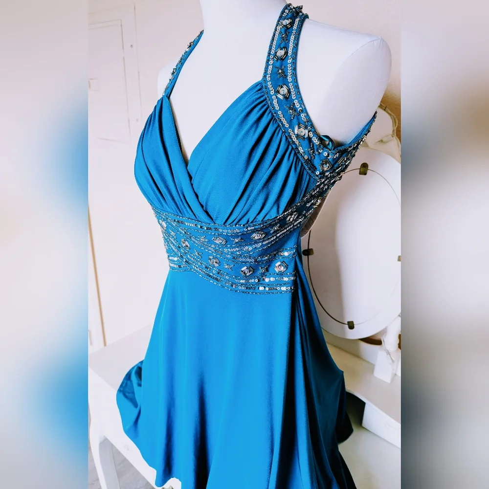 Teal Blue Cocktail Dress Adrianna Papell - Picture 3 of 7